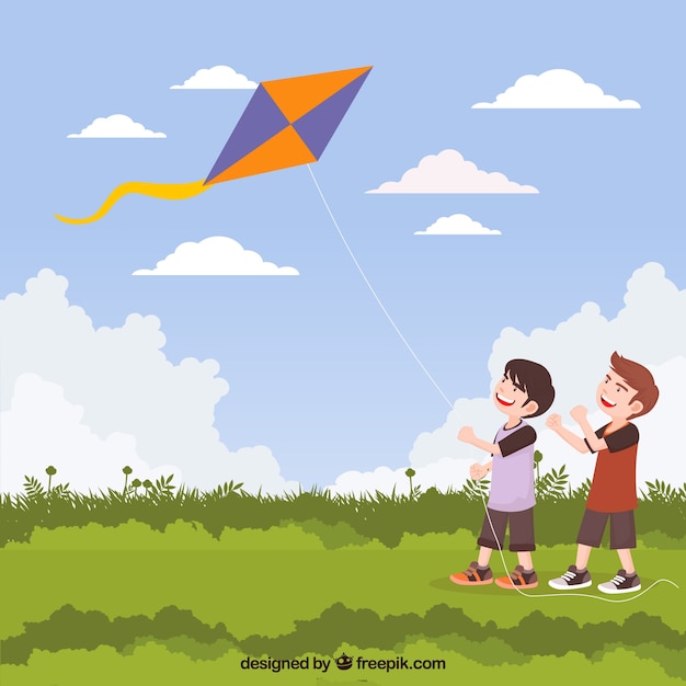 Vector background of children with a kite in the field