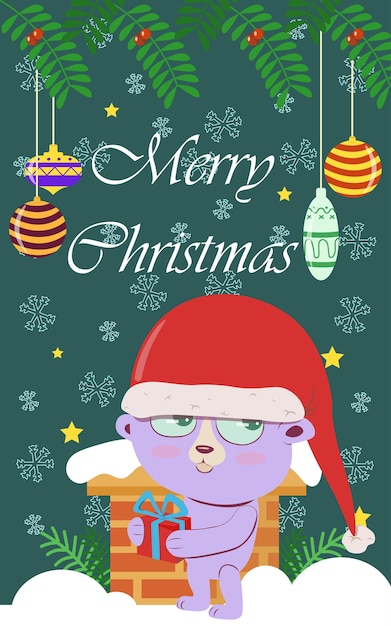 선물과 귀여운 테디 베어와 함께 배경 크리스마스 카드 굴뚝