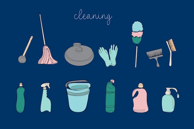 Vector background of cleaning equipment vector illustration isolated on a blue background cleaning tools in one line