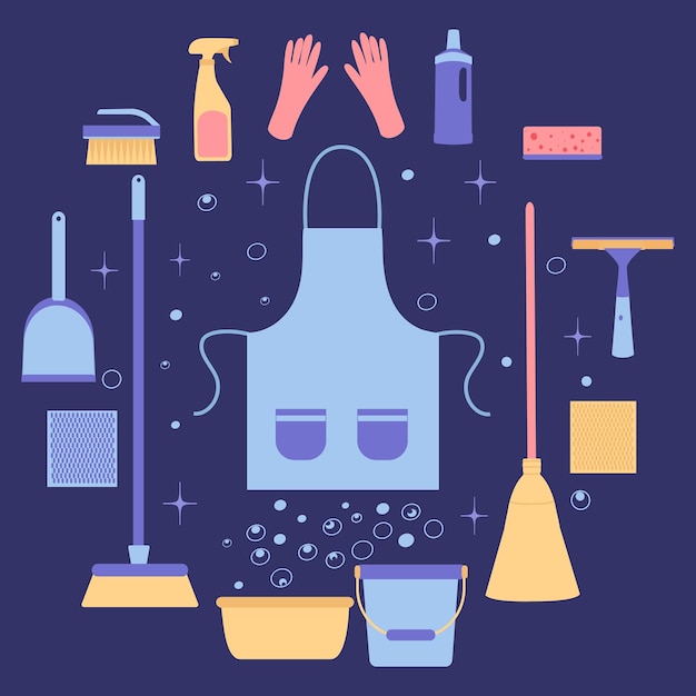 Background of cleaning equipment Vector illustration isolated on a blue background