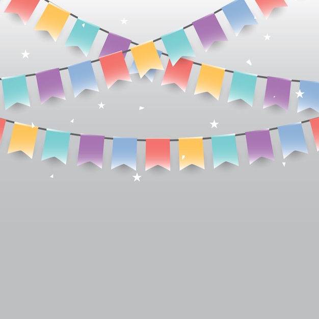 Background of colored garlands festive flags and confetti