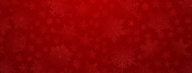 Vector background of complex big and small christmas snowflakes in red colors winter illustration with falling snow