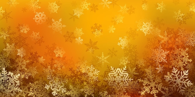 Background of complex Christmas snowflakes in orange colors Winter illustration with falling snow