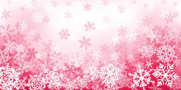 Background of complex Christmas snowflakes in red and pink colors. Winter illustration with falling snow