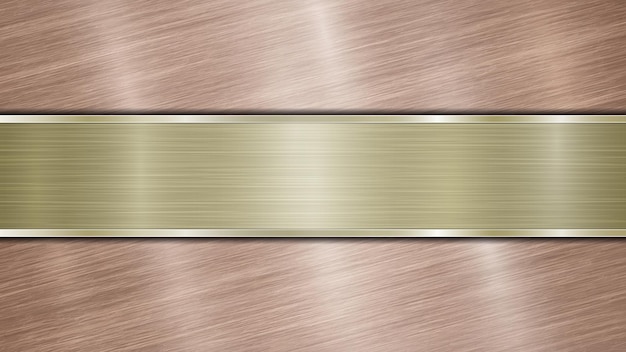 Vector background consisting of a bronze shiny metallic surface and one horizontal polished golden plate located centrally with a metal texture glares and burnished edges