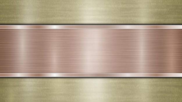 Background consisting of a golden shiny metallic surface and one horizontal polished bronze plate located centrally with a metal texture glares and burnished edges