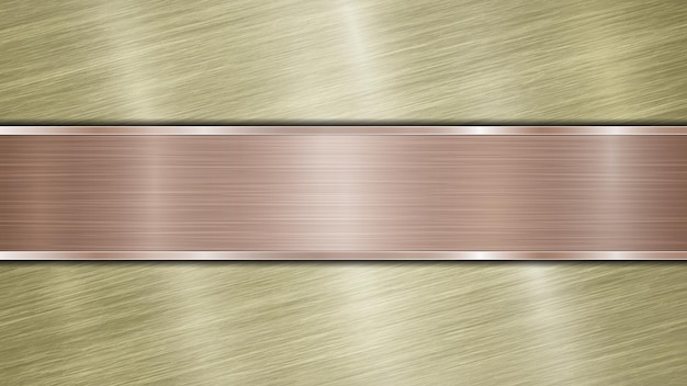 Background consisting of a golden shiny metallic surface and one horizontal polished bronze plate located centrally with a metal texture glares and burnished edges