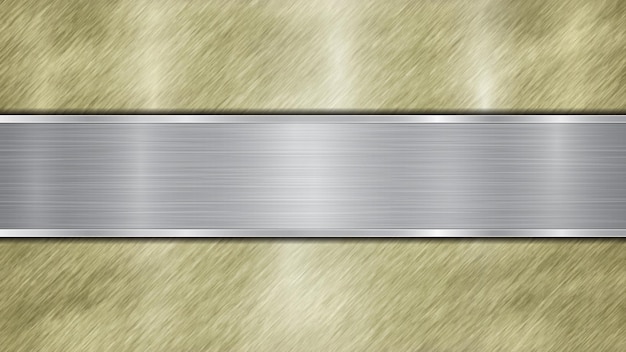 Background consisting of a golden shiny metallic surface and one horizontal polished silver plate located centrally with a metal texture glares and burnished edges