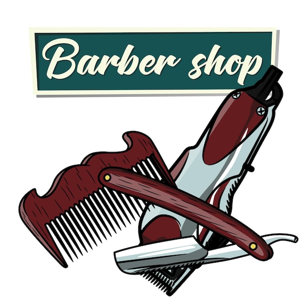 Background consisting of items for haircuts and the inscription barber shopIllustration in ink hand drawn style