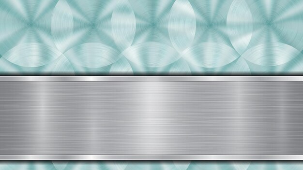 Background consisting of a light blue shiny metallic surface and one horizontal polished silver plate located below with a metal texture glares and burnished edges