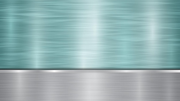 Background consisting of a light blue shiny metallic surface and one horizontal polished silver plate located below with a metal texture glares and burnished edges