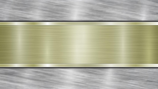 Background consisting of a silver shiny metallic surface and one horizontal polished golden plate located centrally with a metal texture glares and burnished edges