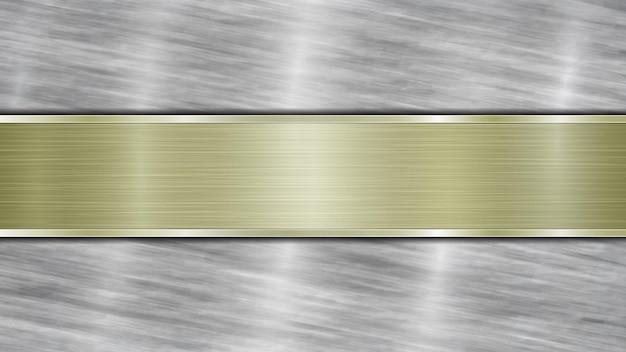 Background consisting of a silver shiny metallic surface and one horizontal polished golden plate located centrally with a metal texture glares and burnished edges