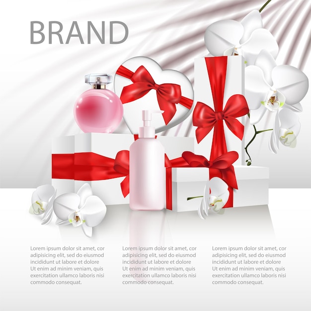 Background for cosmetic product branding identity white gift boxes with red silk bows