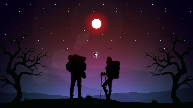 Vector background of a couple climbing a mountain together, a couple climbing a mountain, mountaineer