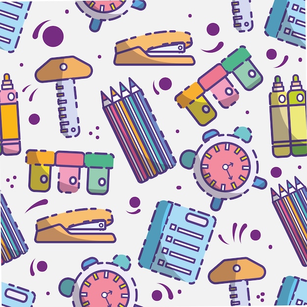 Vector background of cute patterns of multicolor school icons with purple circles