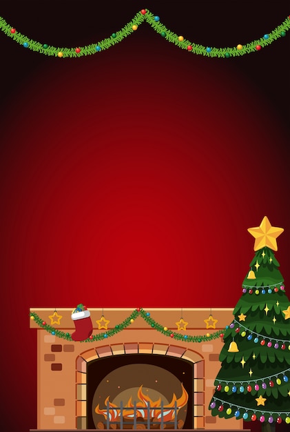 Background design with fireplace and christmas tree