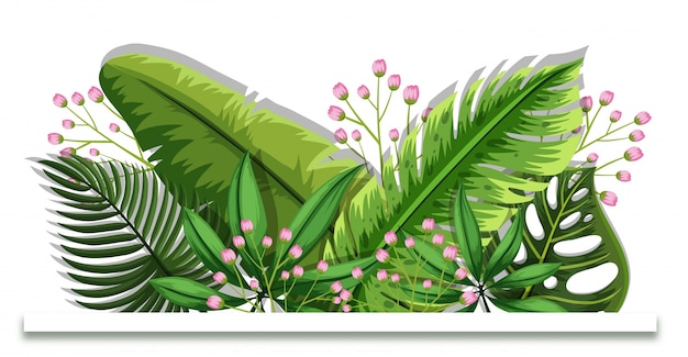 Vettore disegno di sfondo con foglie verdi e fiori rosa