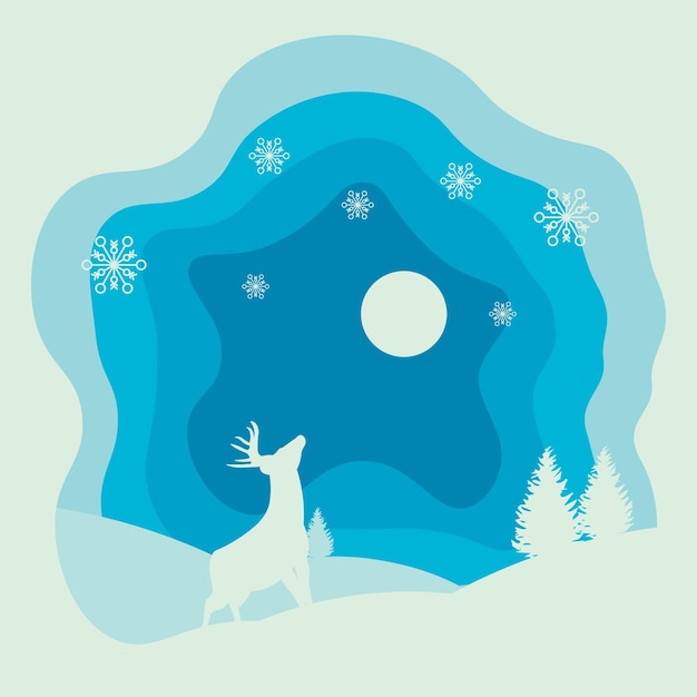 Vector background design with winter paper cut composition with deer and pine trees