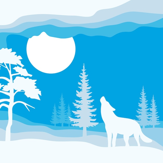 Vector background design with winter paper cut composition with deer and pine trees