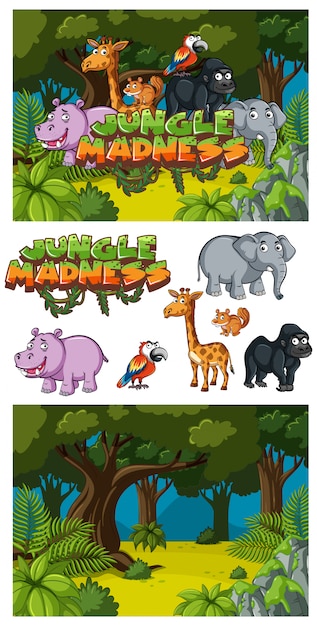 Background design for word jungle madness with animals in forest