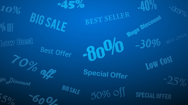 Vector background on discounts and special offers, made of inscriptions, in blue colors