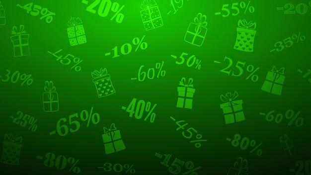 Background on discounts and special offers, made of inscriptions and gift boxes, in green colors