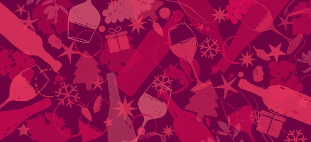 Vector background drawings of wine icons and christmas symbols