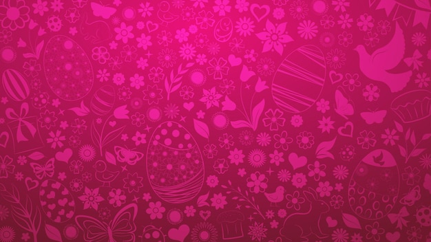Background of eggs, flowers, cakes, hare, hen, chicken and other Easter symbols in crimson colors