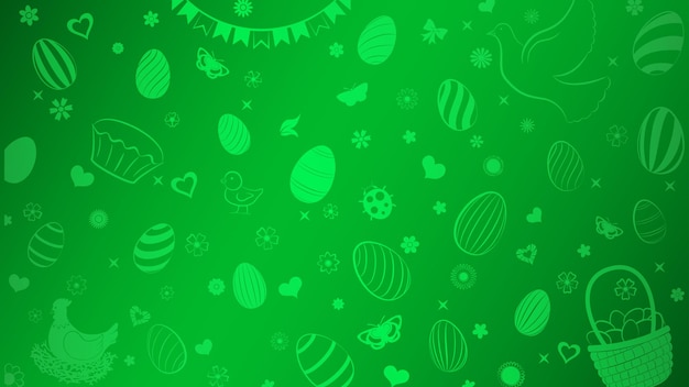 Background of eggs, flowers, cakes, hare, hen, chicken and other Easter symbols in green colors