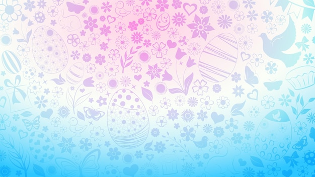 Background of eggs flowers cakes hare hen chicken and other easter symbols in light blue and purple colors