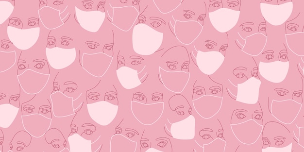 Background of female faces in protective medical masks drawn with one continuous line. minimalistic abstract portraits of beautyful women. modern fashion concept. in pink colors