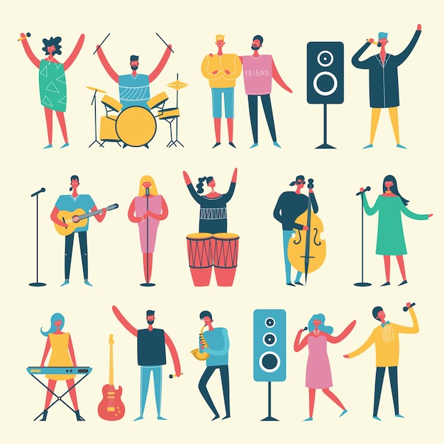 Background in a flat style of group of singing, playing guitar, drums, piano, saxophone and other music instrument people