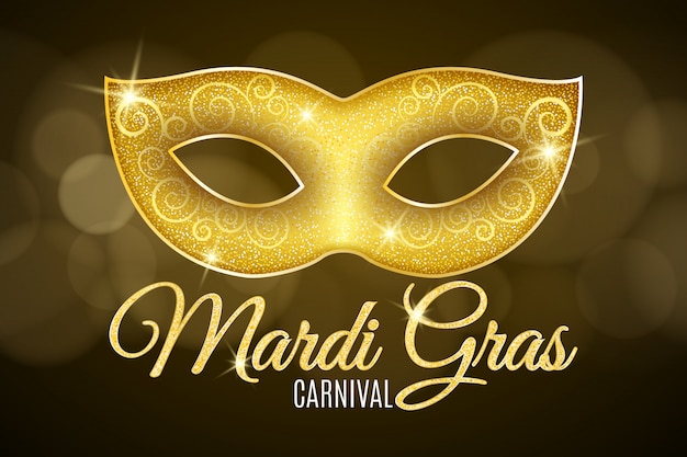 マルディグラのカーニバルの背景。ゴールドラメのテキスト。仮面舞踏会のための輝きと豪華な金のきらめきマスク。