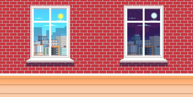 Background in the form of a brick wall and two windows in one the image of the city during the day in the second the city at night