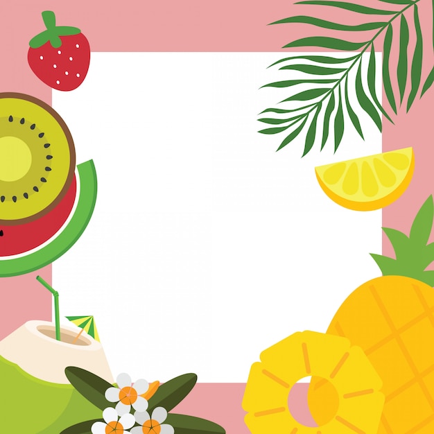 Vector background frame of tropical fruit, flower and leaf