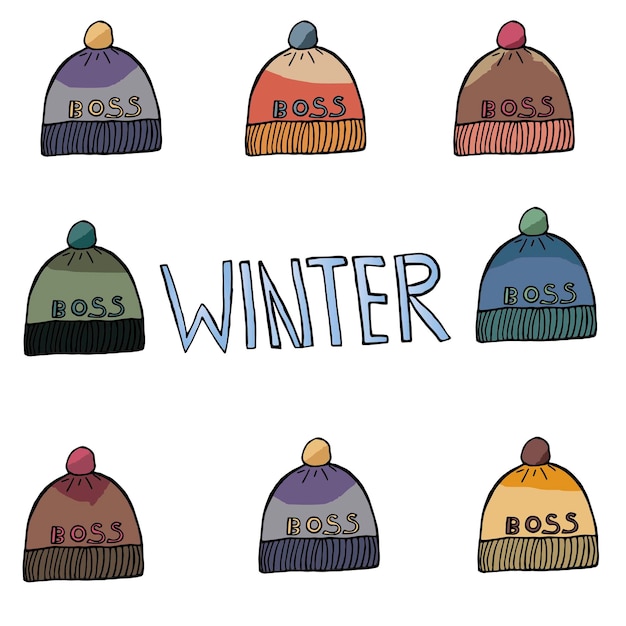 Vector background from hats with the inscription winter