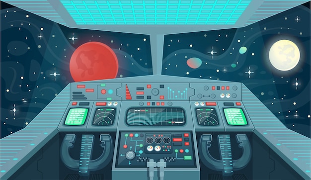 ゲームやモバイルアプリケーションの宇宙船の背景。宇宙船内部、コックピットビュー。漫画イラスト。