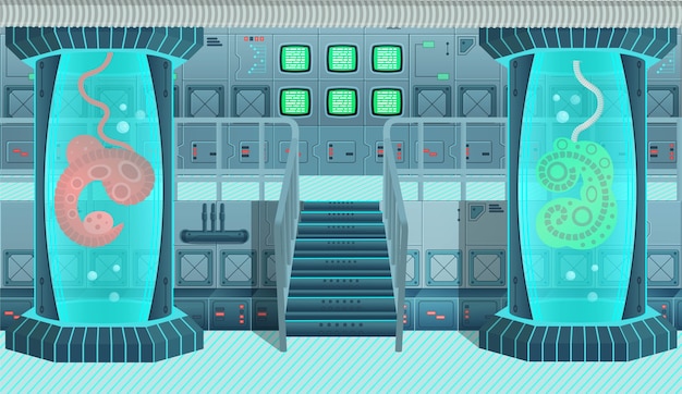 Background for games and mobile applications spaceship. spaceship interior, laboratory. cartoon  illustration.