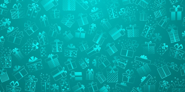 Background of gift boxes with bows and different patterns in light blue colors