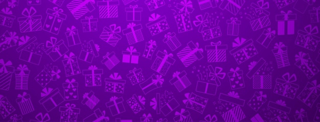 Background of gift boxes with bows and different patterns in purple colors