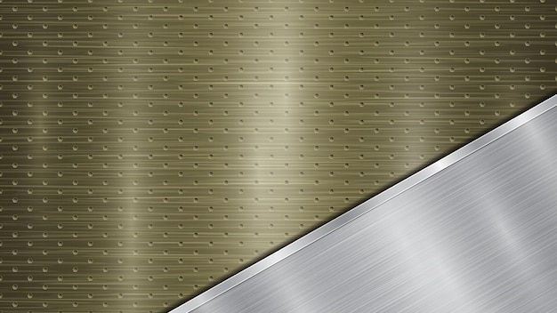 Vector background of golden perforated metallic surface with holes and angled silver polished plate with a metal texture, glares and shiny edges