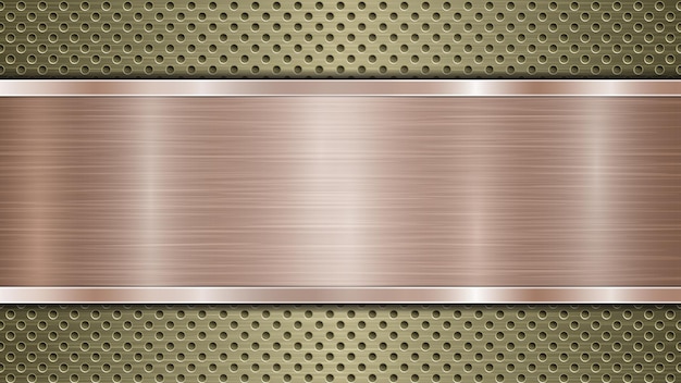 Vector background of golden perforated metallic surface with holes and horizontal bronze polished plate with a metal texture glares and shiny edges