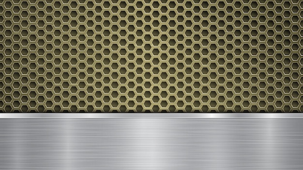 Vector background of golden perforated metallic surface with holes and silver horizontal polished plate with a metal texture glares and shiny edges