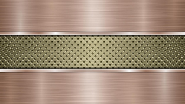 Vector background of golden perforated metallic surface with holes and two horizontal bronze polished plates with a metal texture glares and shiny edges