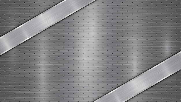 Background in gray colors consisting of a metallic perforated surface with holes and a polished plate with metal texture glares and shiny edges