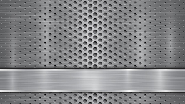 Background in gray colors consisting of a metallic perforated surface with holes and a polished plate with metal texture glares and shiny edges