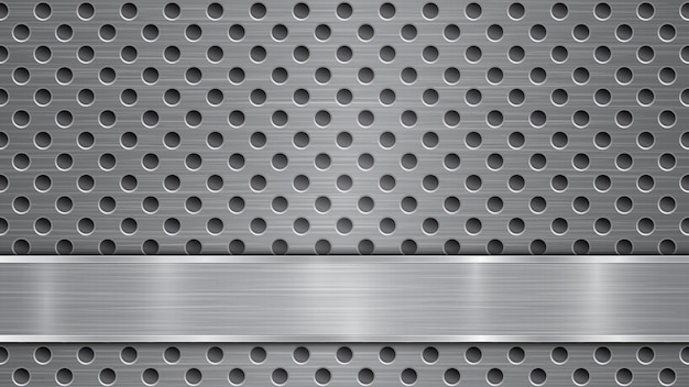 Background in gray colors, consisting of a metallic perforated surface with holes and a polished plate with metal texture, glares and shiny edges