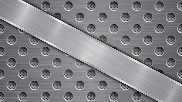 Background in gray colors, consisting of a metallic perforated surface with holes and a polished plate with metal texture, glares and shiny edges