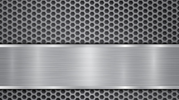 Background in gray colors, consisting of a metallic perforated surface with holes and a polished plate with metal texture, glares and shiny edges